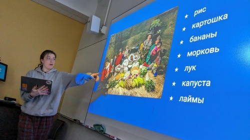 Taj.B.Delaet-Jagerson '28 explains in Russian "What the World Eats"